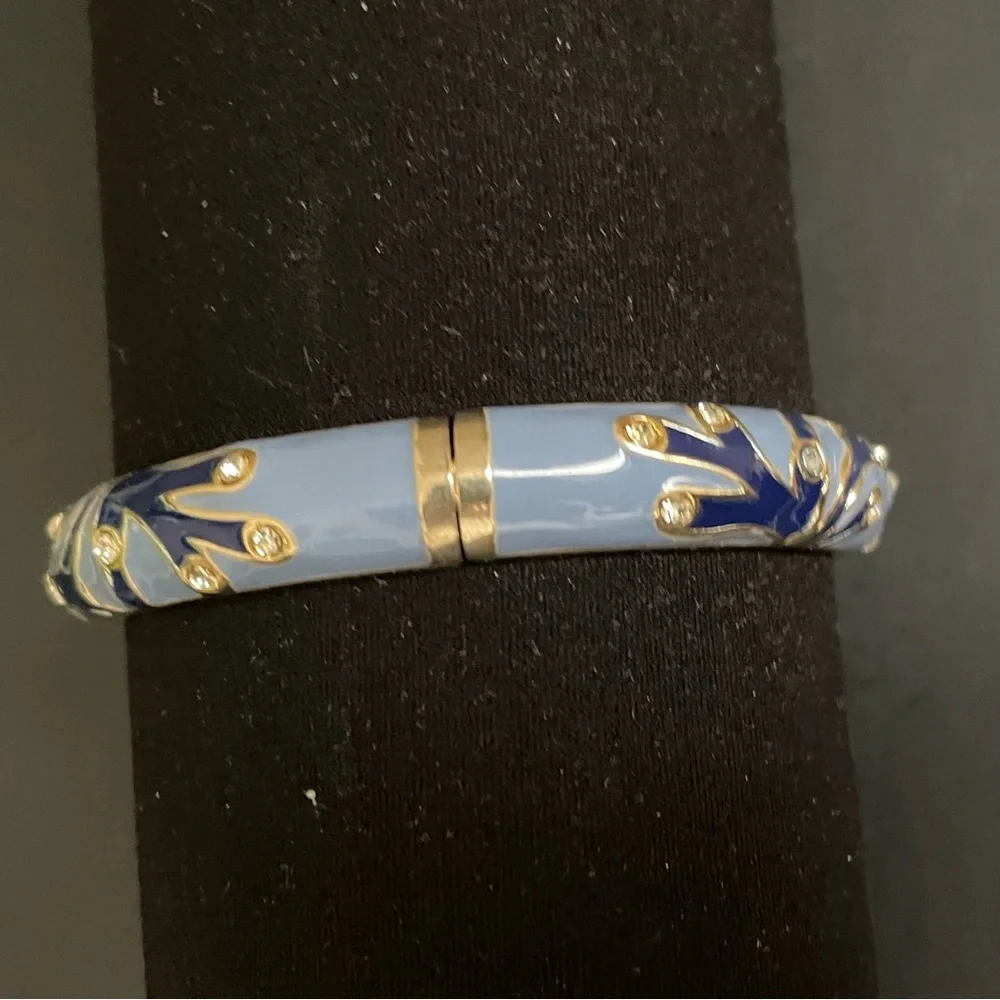 Blue Enamel Rhinestone Hinged Bangle Bracelet - Picture 2 of 4
